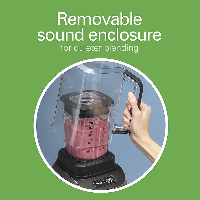 Hamilton Beach Professional Quiet Shield Blender, 1500 Watts Peak Power, 32oz BPA Free Jar, 4 Programs & Variable Speed Dial for Smoothies, Ice Crush, Puree, Silver (58870)