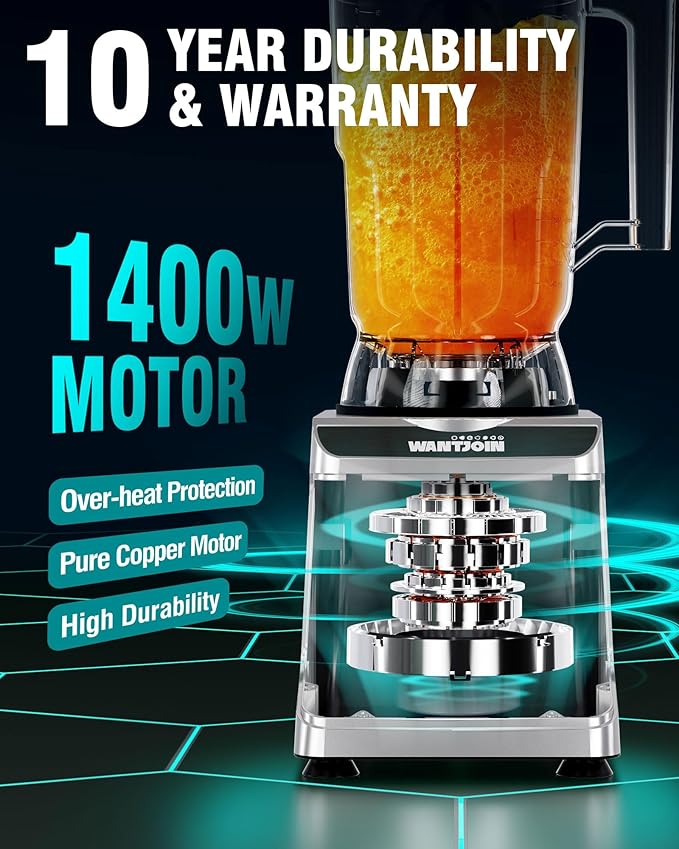 WantJoin 136oz Commercial Blender – Heavy Duty 18800 RPM Professional Blender with Pure Copper Motor, Multi-Speed, Dishwasher Safe for Smoothies & Juices
