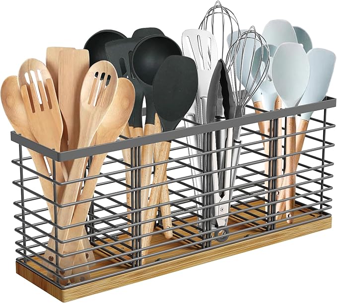 Suli Extra Large Kitchen Utensil Holder Countertop with 4 Compartments,Grey Metal holder with Wooden Base for Countertop,Farmhouse Utensil Organizer for counter,Rustic Cooking Utensil Organizer