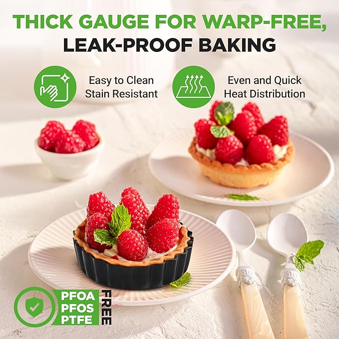 NutriChef 10-Piece Nonstick Mini Tart Pans with Removable Bottom - Heavy Duty 4 Inch Steel Quiche Pans, Oven & Dishwasher Safe, Fluted Side for Sweet & Savory Foods - Includes 200pcs Parchment Paper