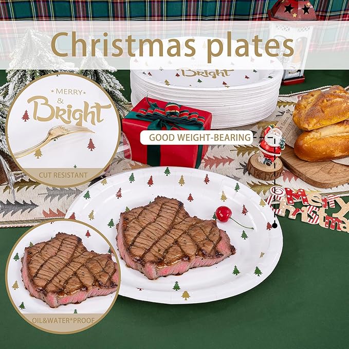 WDF 100 Pack Christmas Paper Plates - 10" x 12"Disposable Christmas Plates Disposable with Christmas Trees-Large Oval Paper Plates Heavy Duty- Party Plates for Christmas