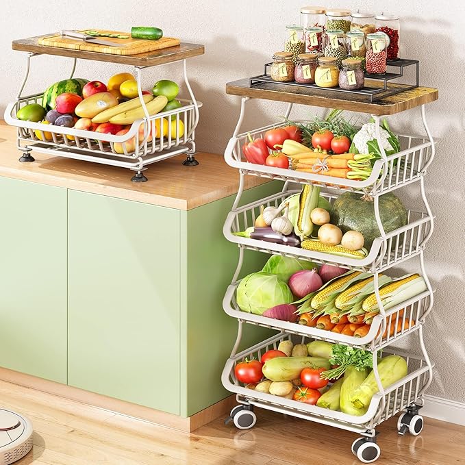 SAYZH Fruit Basket Kitchen Pantry Organizers and Storage - Wooden Top Table, Stackable Metal Wire Basket Stand Cart for Fruit Vegetable Snacks Onion Potato Organization (White, 5 Tiers)