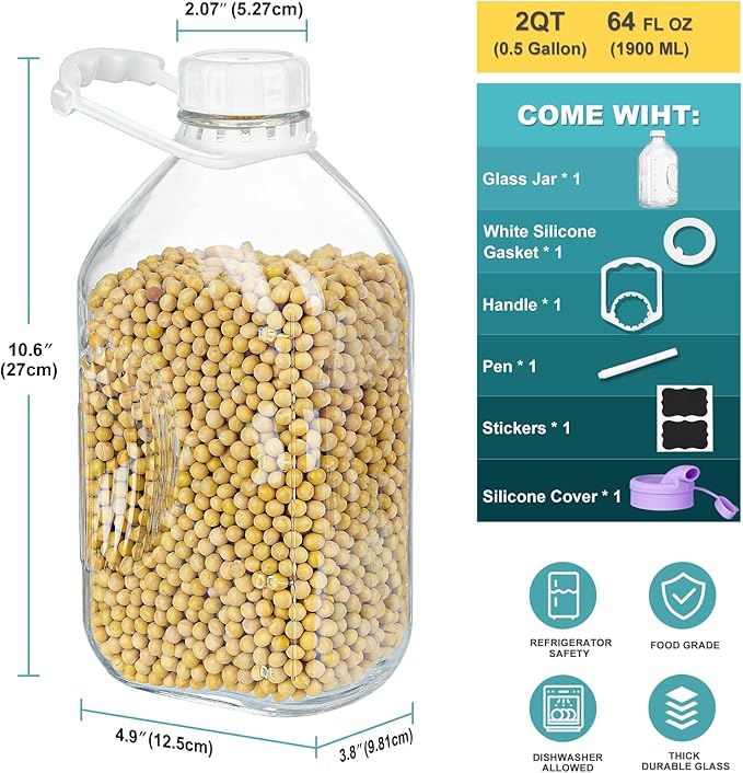 Ritayedet 64 Oz Heavy Duty Glass Milk Bottle with Reusable Airtight Strong SCREW LID - 1/2 Gallon Water Bottles with Scale Lines - 2 Qt Glass Milk Jug Pitcher - Extra Gaskets & Handle!