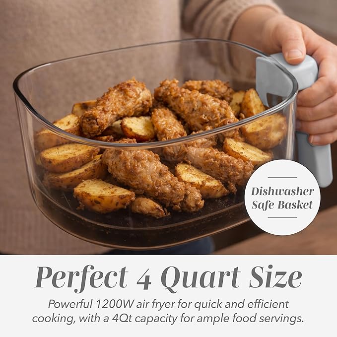 COOK WITH COLOR Colorful 1200W 4Qt Air Fryer: Glass Basket, Dishwasher Safe, 60min Timer, 6 Presets, Temp Control 175F-400F, 4 QT, Linen White
