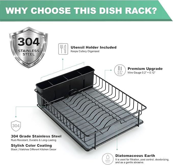 SunnyPoint 304 Stainless Steel Dish Drying Rack with Diatomaceous Earth Drainboard & Removable Utensil Caddy – Rust Resistant Countertop Dish Rack for Kitchen (Black)