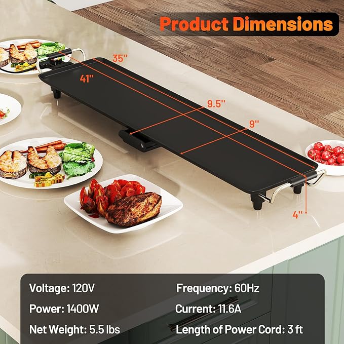39.5” Electric Griddle, Nonstick Extra Large Teppanyaki Grill with Adjustable Temperature, Drip Pan & Insulated Handles, Easy-to-clean Pancake Griddle, BBQ Grill for Indoor & Party