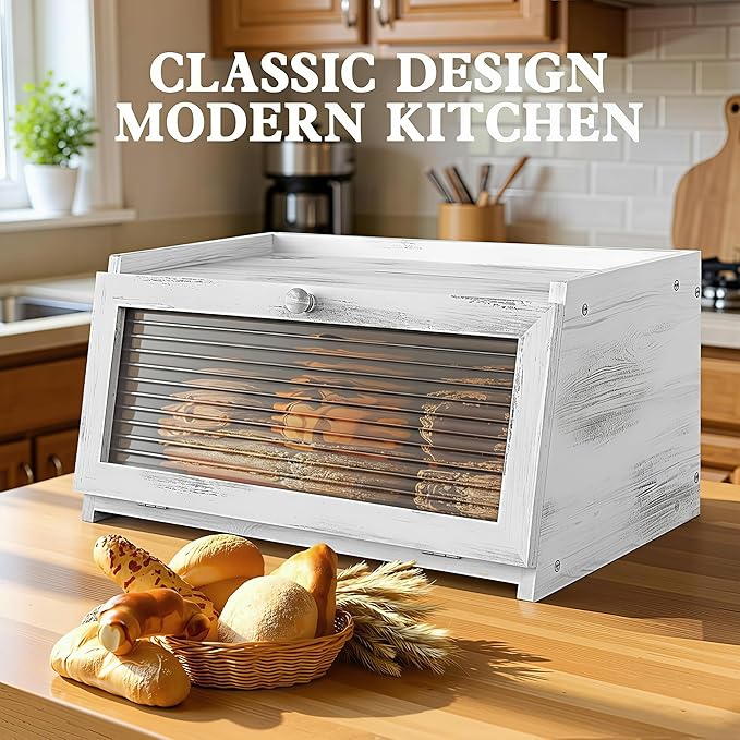LOHASOK Bread Box for Kitchen Countertop Large Farmhouse Bread Container Bread Storage with Window Wooden Bread Holder