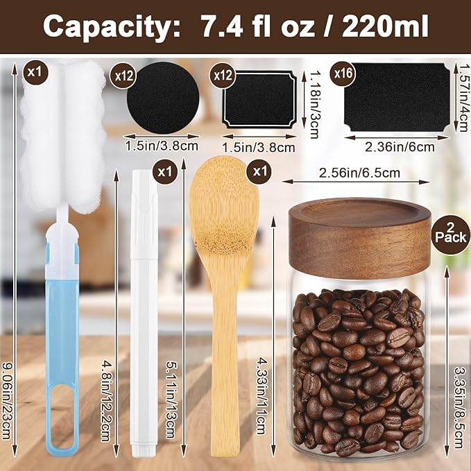 Coffee Jar with Wood Lid, 2 Pack 7oz 220ml Glass Canister with Wooden Airtight Lids, Empty Food Storage Containers, Screw Top Glass Mason Jars for Spice, Sugar, Tea, Oatmeal, Salad, Beans, Nuts