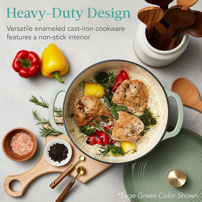 Best Choice Products 7.5 Quart Enamel Cast-Iron Round Dutch Oven, Family Style Heavy-Duty Pre-Seasoned Cookware for Home, Kitchen, Dining Room, Oven Safe w/Lid, Dual Handles - Mushroom Beige