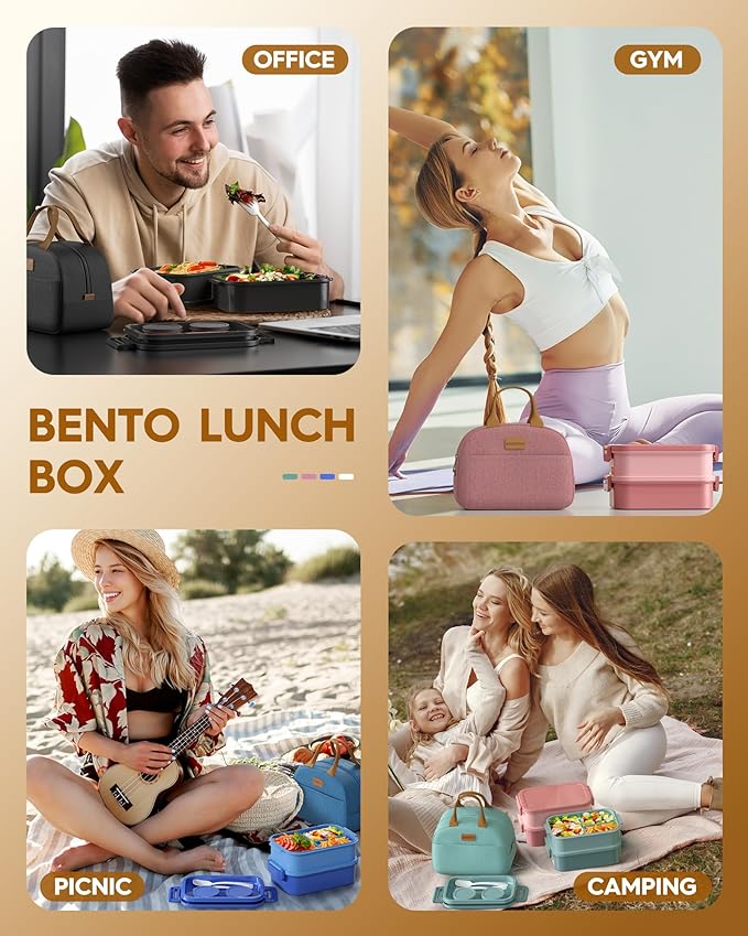 KEMETHY Adults Bento Lunch Box Set with Thermo Bag, 74oz Stackable Leak-proof 3-tiers Bento Box, Built-in Utensil and Sauce Container for Work, School, Dining Out (Black)