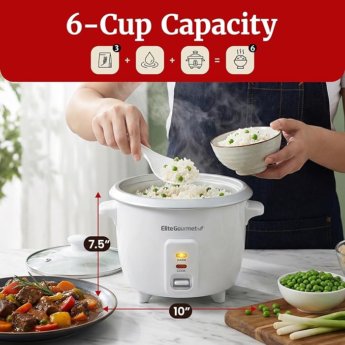 Elite Gourmet ERC-003X Electric Rice Cooker with Automatic Keep Warm Makes Soups, Stews, Grains, Hot Cereals, 6 Cups Cooked (3 Cups Uncooked), White