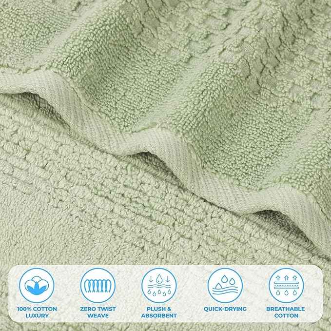 Superior Playa Zero Twist Cotton Medium Weight Towels, for Guest Bath, Bathroom, Shower, Spa, Plush, Quick Dry, Ultra-Soft Towels, Bath Essentials, Waffle Textured, 12 Piece Assorted Towel Set, Green