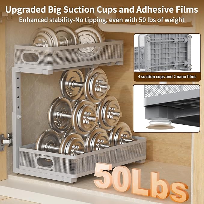 Under Sink Organizer 2 Pack, 2-Tier Slide Out Cabinet Organizer with Metal Sliding Drawer and Hooks, Pull Out Storage Baskets for Kitchen Bathroom Pantry Cabinet Organization (grey)