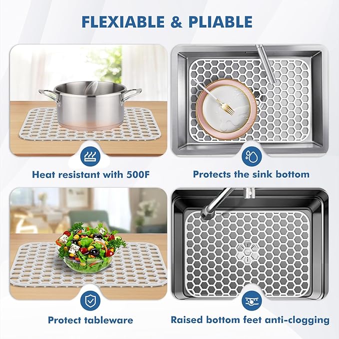 Bestjing Silicone Sink Protectors for Kitchen Sink - 18.3"x12.5" Kitchen Protector Accessory, Non-Slip Heat Resistant Mat for Bottom of Farmhouse Porcelain Stainless Steel (White)