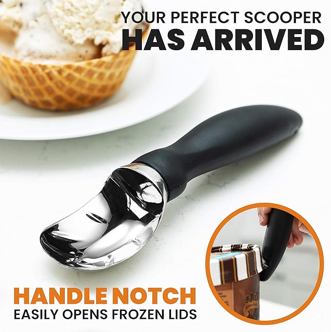 Spring Chef Ice Cream Scoop with Soft Grip Handle, Professional Heavy Duty Sturdy Scooper, Premium Kitchen Tool for Cookie Dough, Gelato, Sorbet, Black, 2 Pack