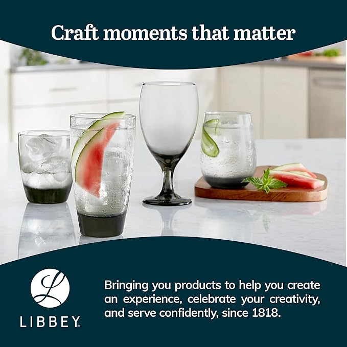 Libbey Classic Smoke Tumbler Glasses, Classy, Timeless Drinkware Set of 12, 18 Oz, Dishwasher Safe Drinking Cooler Glasses for Special Occasions