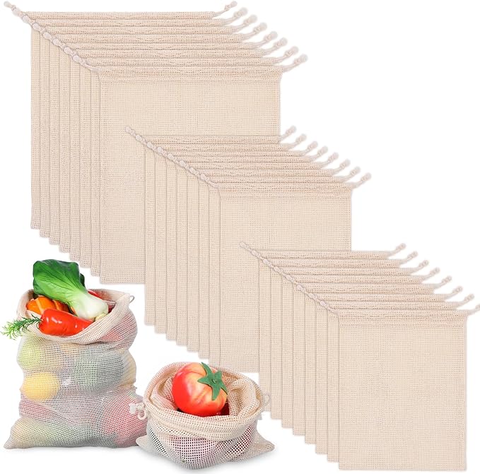 18 Pack Reusable Produce Bags Reusable Washable - Vegetable Grocery Cotton Mesh Bags for Farmers Market, Beach, and Refrigerator Storage Vegetables (6xS, 6xM, 6xL)