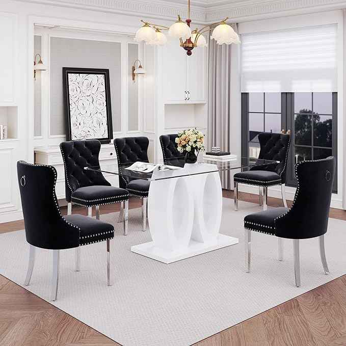 63" Glass Dining Table Set for 6, 7-Piece Rectangular Kitchen Table with Tempered Glass Top, White Double O-Shaped MDF Base, and 6 Black Velvet Upholstered Chairs for Dining Room, Living Room, Office