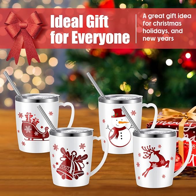 6 Pcs Christmas Coffee Mugs Cups 16 Oz Merry Christmas Stainless Steel Insulated Tumblers Set with Handle Lid Straw Brushes Xmas Red White Snowman Hohoho Mugs Gifts for Winter Holiday Party