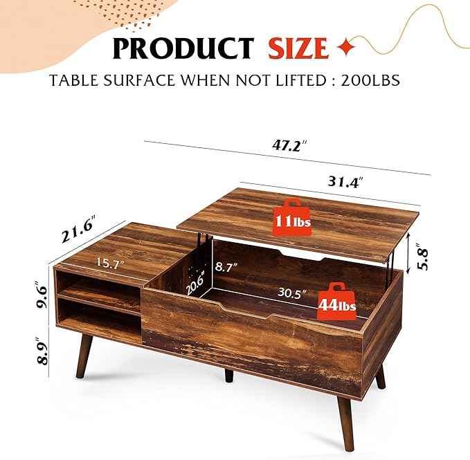 WLIVE Coffee Table, 47“ Lift Top Coffee Tables with Adjustable Storage Shelf and Hidden Compartment, Lift Tabletop Dining Table for Living Room, Rustic Oak