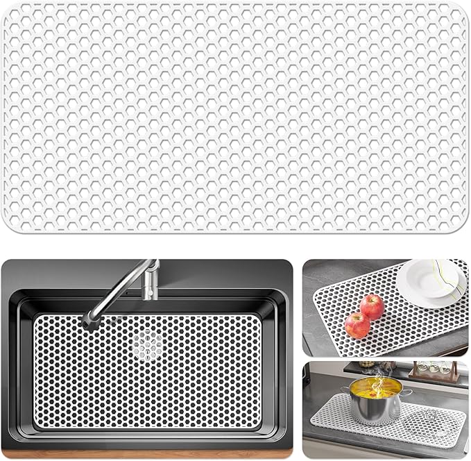 Bestjing Silicone Sink Protectors for Kitchen Sink - 28.3"x 15.7" Kitchen Protector Accessory, Non-Slip Heat Resistant Mat for Bottom of Farmhouse Stainless Steel Porcelain (White)