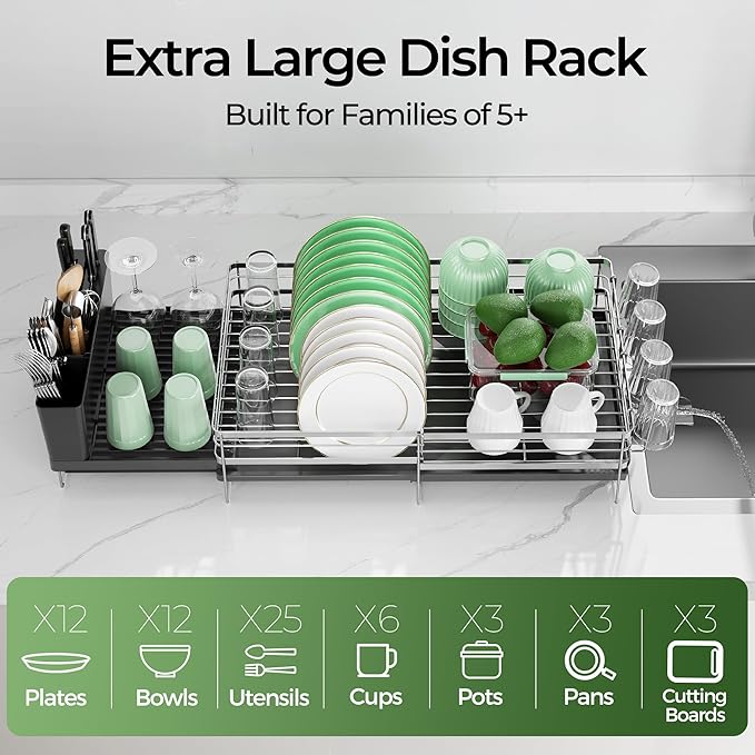 Large Dish Drying Rack, Expandable Dish Rack, Stainless Steel Anti-Rust Dish Racks for Kitchen Counter, Multifunctional Dish Drainer with Utensil Holder & Cup Holder, 13.4"-28.7" L x 11.8" W