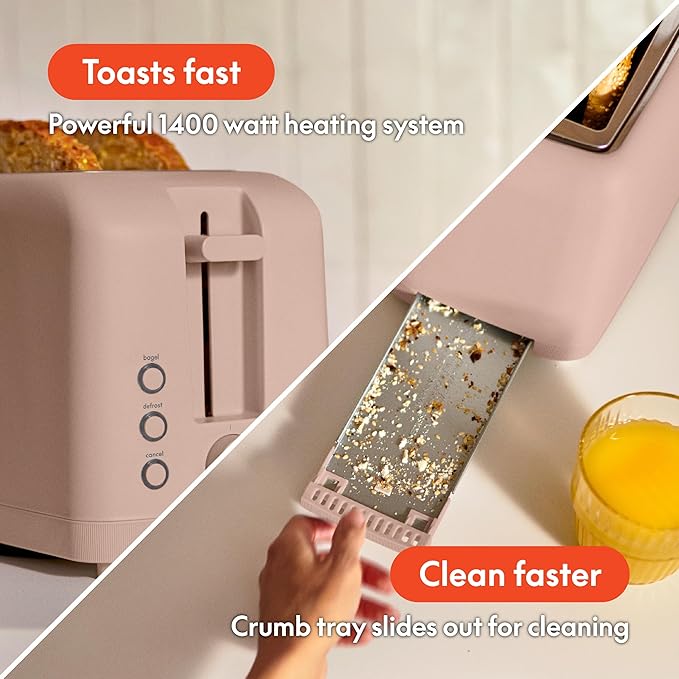 bella 4 Slice Slim Toaster, Fits-anywhere™ Kitchenware, 6 Setting Shade Control with Reheat & Cancel Buttons, Fits Sourdough, 10” Long Slot, Anti Jam & Auto Shutoff, 900 Watt, Blossom