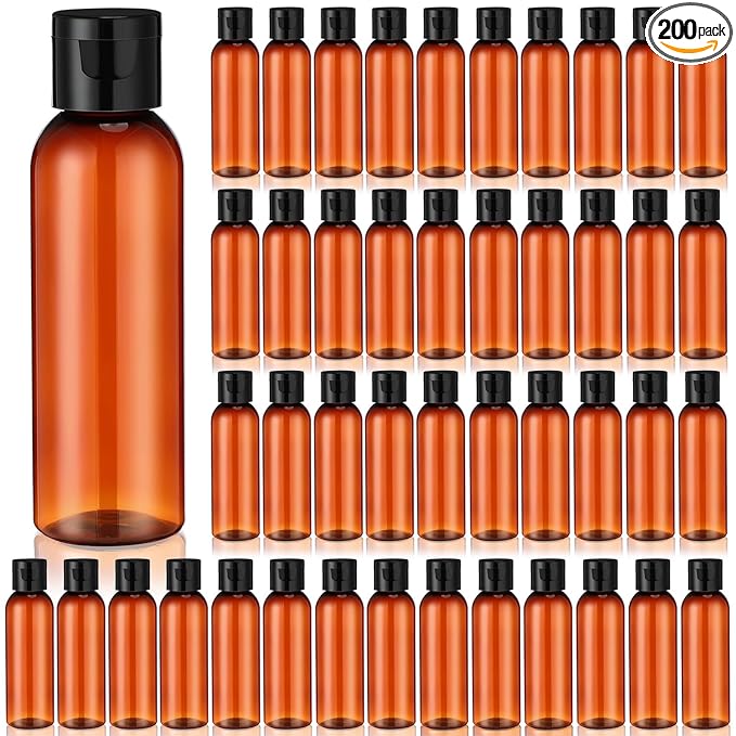 Zhehao 200 Pcs 2 oz Brown Plastic Empty Bottles Small Travel Size Bottles with Flip Cap Empty Transparent Dispenser Container for Liquids Toiletries Shampoo Lotion (Black Cap)