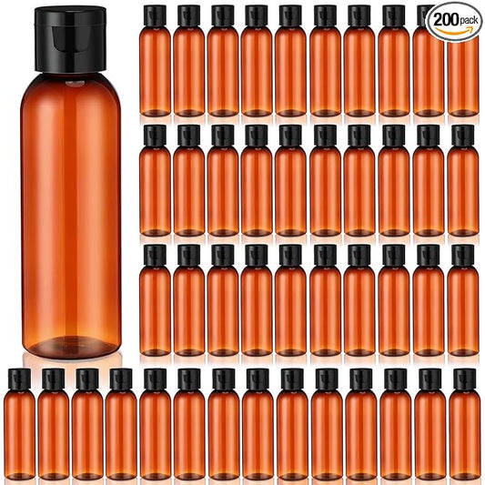 Zhehao 200 Pcs 2 oz Brown Plastic Empty Bottles Small Travel Size Bottles with Flip Cap Empty Transparent Dispenser Container for Liquids Toiletries Shampoo Lotion (Black Cap)