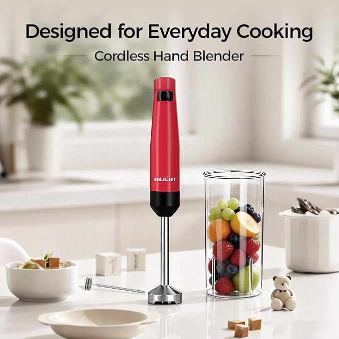 Cordless Hand Blender, 12V Rechargeable Immersion Blender with Brushless Motor, 60+ Bowls per Charge, 2-Blade, Auto Lock, Whisk & Frother for Soup, Smoothies, Baby Food