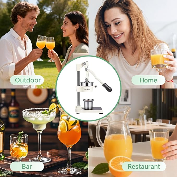 Cast Iron Juicer, 17"Tall & Sturdy Flat Base | Heavy-Duty Manual Hand Press Juicer For Orange Lemon Lime Pomegranate & Citrus, Orange Squeezer, Stainless Steel Cup, Easy to Clean, White