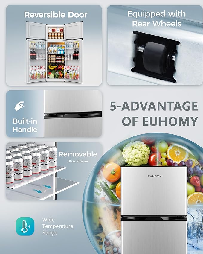EUHOMY 7.4 Cu.Ft. Refrigerator with Freezer, 2 Door Fridge, Adjustable Thermostat，Large Capacity, Refrigerator for Kitchen/Dorm/Office/Apartment - Food Storage or Cooling drinks, Silver