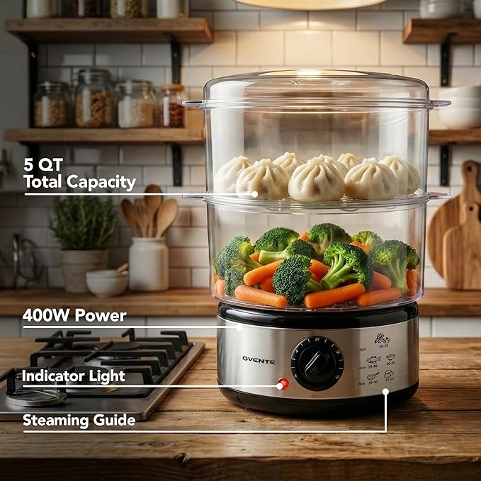 OVENTE 2-Tier Electric Food Steamer, 5 Quart Stainless Steel Stackable Steam Cooker with 400W Power, 60-Minute Timer & Auto Shut-Off, Dishwasher Safe, Healthy Vegetable & Seafood Steamer, Silver FS62S