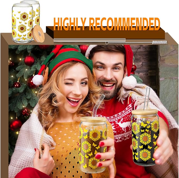 DWTS DANWEITESI Glass Cups with Lids and Straws with Design Sunflower 4 pcs,Clear Glass Cups 16 oz-Drinking Glasses Set,Glass Tumbler,Cute Design Glass Iced Coffee Cups with Lids and Straws