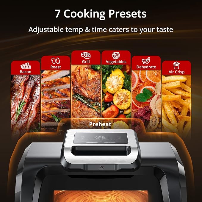 Indoor Grill Air Fryer Combo - 7-in-1 Smokeless Electric Air Grill with See-Through Window, Non-Stick Removable Plates, Even Heat, and Silicon Tongs - 4Qt, 1750W, Up to 450°F