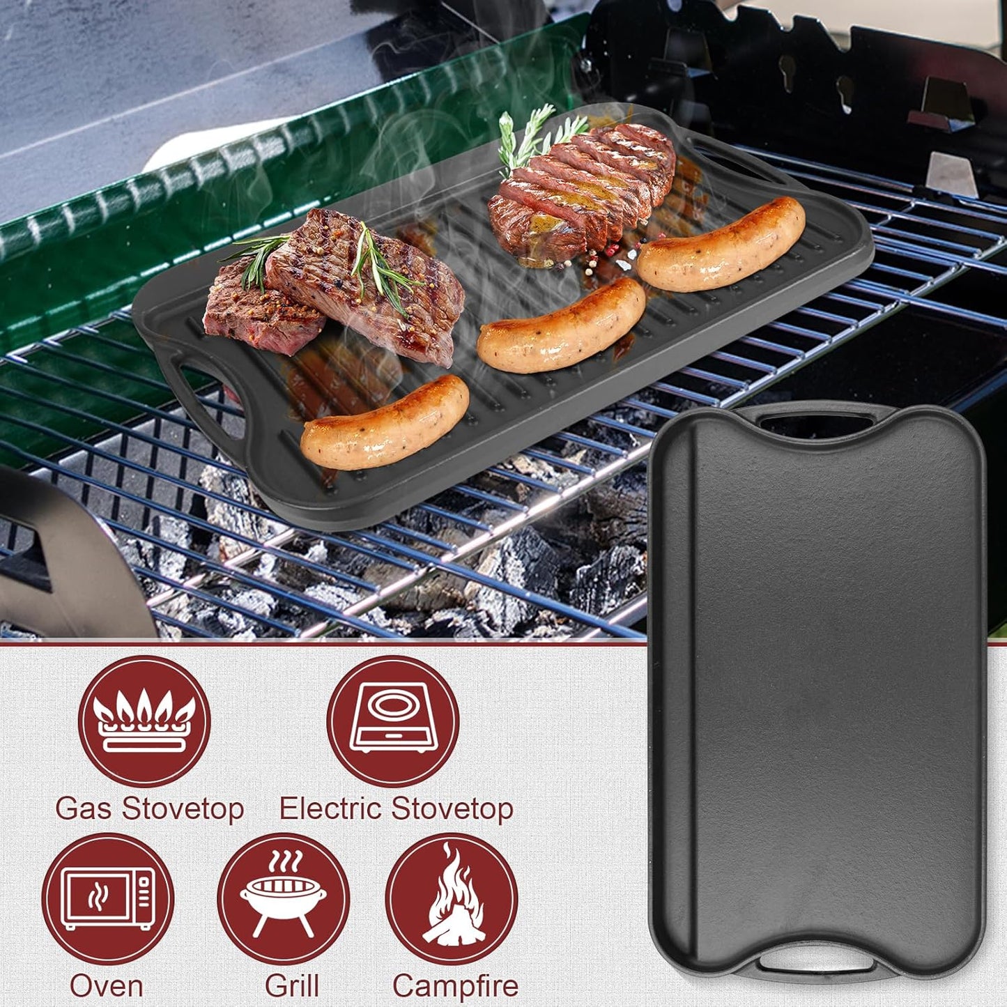Cast Iron Reversible Grill/Griddle Pan - 17"x10" Pre-Seasoned Rectangular Double Sided Griddle Plate for Gas Stove, Oven, Camping, Indoor & Outdoor Cooking - Non-Stick, Durable & Versatile