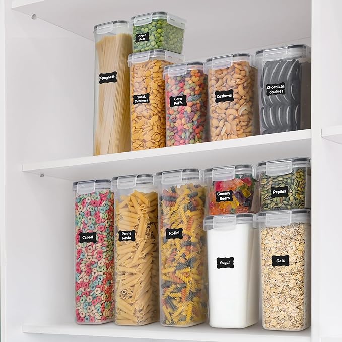 Freshware Kitchen Storage Containers with Lids, 48 PCS Airtight Food Storage Containers, Plastic Kitchen Containers, Pantry Containers for Cereal, Dry Food, Includes Labels, Marker & Measuring Spoons