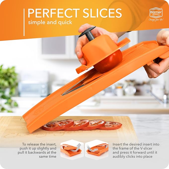 Mandoline Food Slicer Börner V1 (Starter Set) by Reston Lloyd • V-Slicer with 3 Blade Inserts & Food Holder • Made in Germany • Fruit & Vegetable Chopper • Multiple Settings • Color: Orange