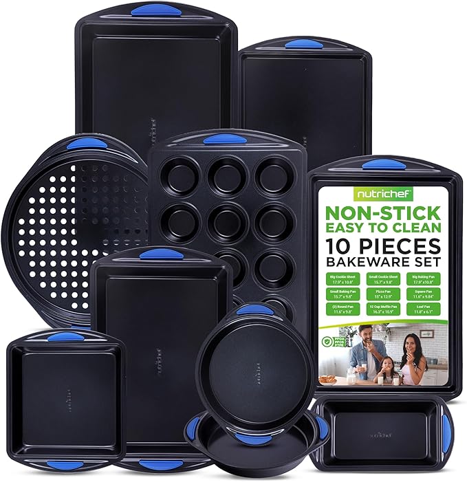 NutriChef 10-Piece Nonstick Bakeware Set - Heavy Duty Carbon Steel Baking Trays w/Silicone Handles - Includes Cookie Sheets, 12-Cup Muffin Pan, Pizza & Loaf Pan, Round & Square Pans - Easy to Clean