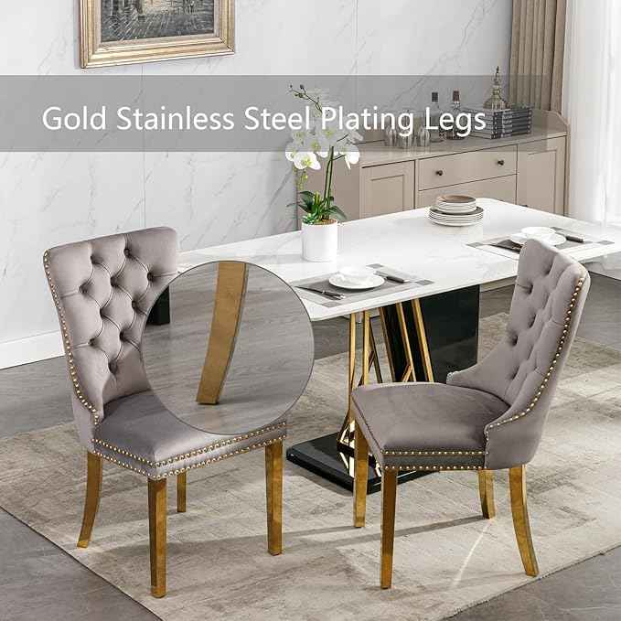 Grey Velvet Dining Chairs Set of 6, Upholstered Dining Room Chairs with Back Ring Pull Trim and Golden Stainless Steel Legs,Modern Kitchen Chairs for Dining Room,Living Room,Kitchen(Grey)