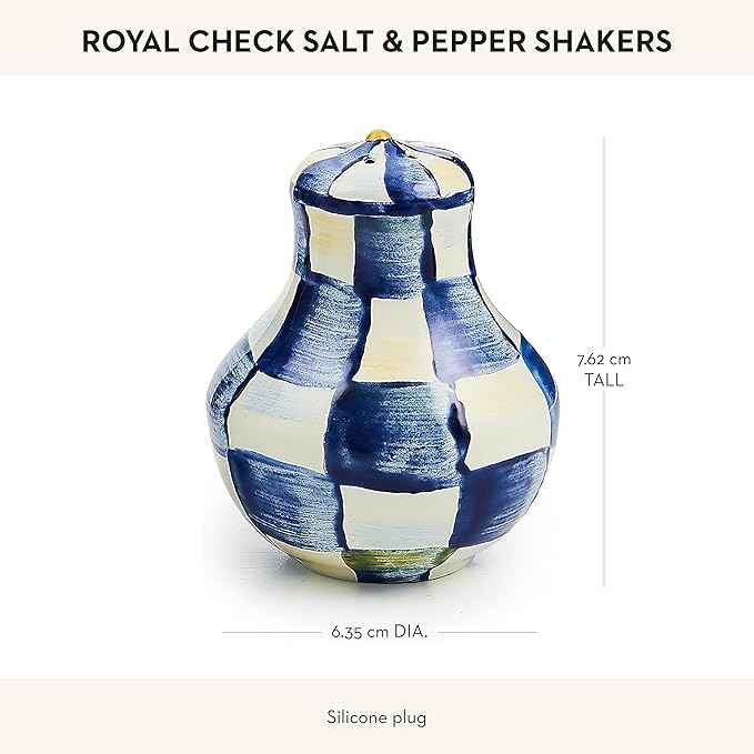 MACKENZIE-CHILDS Enamel Salt and Pepper Shakers, Kitchen Table Spice Shaker Set, Blue-and-White Royal Check, Small