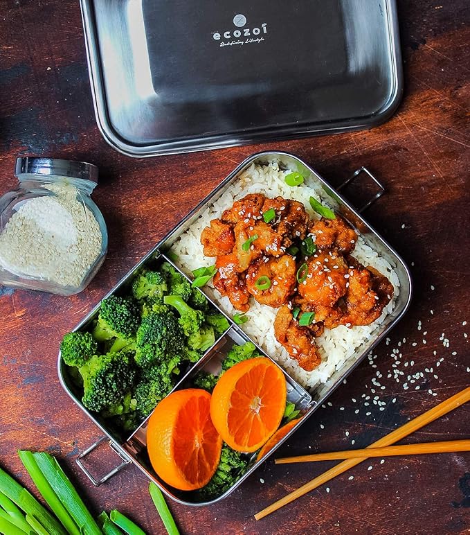 ecozoi Stainless Steel Lunch Box, Leak Proof 3 Compartment, Medium | Redesigned Silicone Seal | Sustainable Zero Waste Eco Friendly Bento Box Food Storage Container