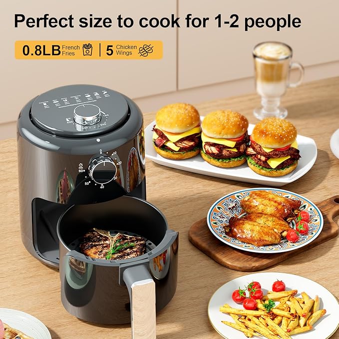 Compact Air Fryer Small 2QT, 4-in-1 Small Mini Airfryer, Bake, Roast, Reheat, 98% Less Oil, Adjustable Temperature Control w/ 60min Timer, Quiet, Nonstick & Dishwasher Safe Basket, BPA-Free, Black