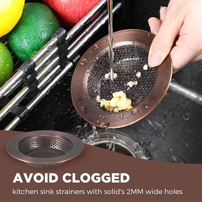Mudder 3 Pcs Kitchen Sink Drain Strainer and Stopper Stainless Steel Garbage Disposal Plug with Handle Universal Anti-Clogging Kitchen Sink Filter Sieve Basket Strainer(Antique Copper)