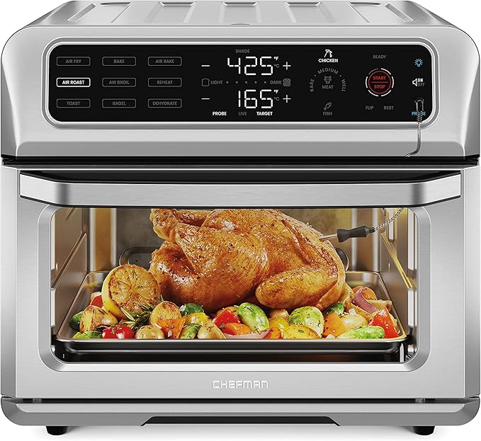 Chefman Air Fryer Toaster Oven Combo with Probe Thermometer, 12-In-1 Stainless Steel Convection Countertop, 10 Inch Pizza, 4 Slices of Toast, Cooking, Baking, Toasting, Roaster Oven Airfryer 20QT (Renewed)