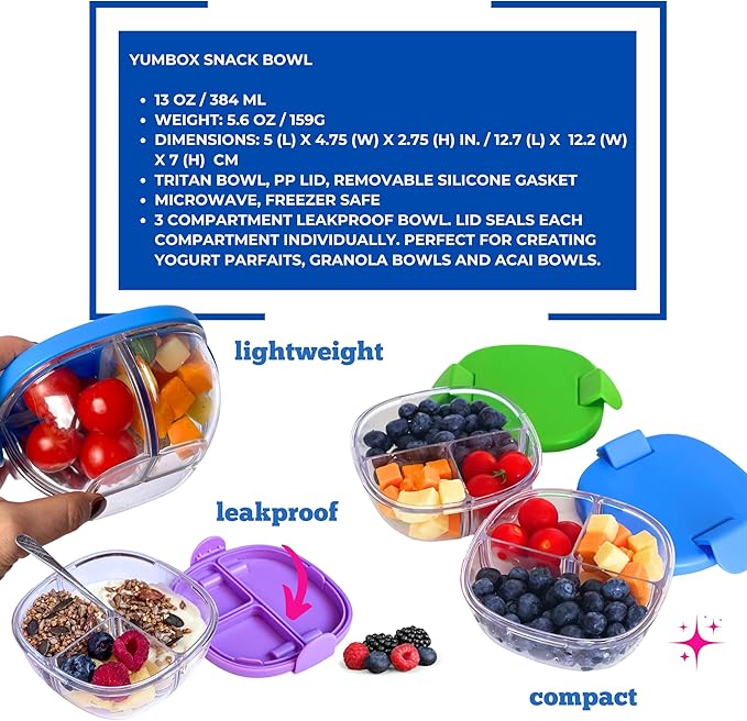 Yumbox Snack Bowl – 3-Compartment Leakproof Snack & Breakfast Container for Kids & Adults – Reusable Bento Snack Box for Yogurt, Parfaits, Fruit, Veggies & Small Meals