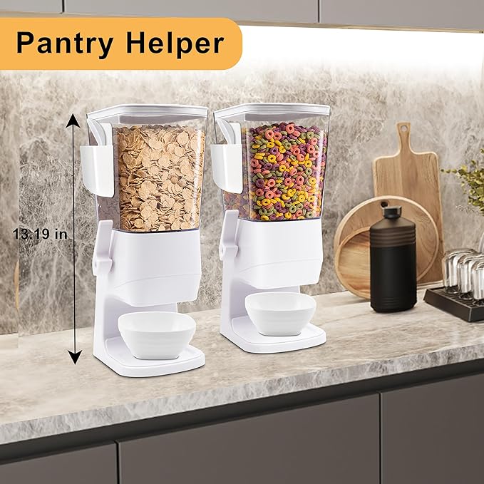 Cereal Dispenser Countertop with Bowls Spoons Cutlery Box, 3.2L Cereal Containers Storage Snack Dispenser for Pantry, Dry Food Dispenser for Snack, Oatmeal, White, 1Pc
