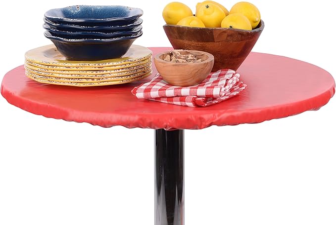 Yourtablecloth Heavy Duty Vinyl Round Fitted Tablecloth (Table Cover) with Flannel Backing Vibrant Colors Elasticized Tablecloth Great for Indoor and Outdoor Dining and Playing Cards 36” Ruby Red