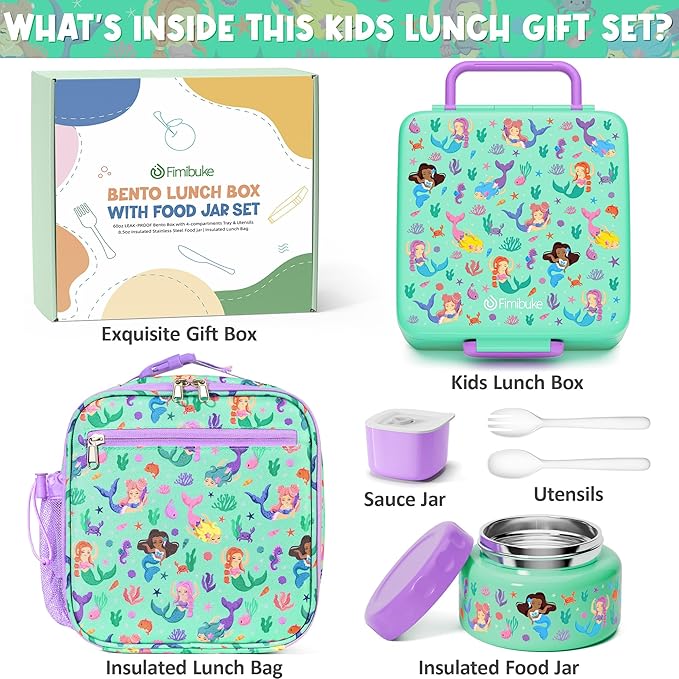 Fimibuke Bento lunch Box Set for Kids Adult with 8oz Insulated Food Jar, Lunch Bag & Sauce Cup, Leakproof Dishwasher Safe Toddler Lunch Food Container with 3-4 Compartment for School Girls Boys