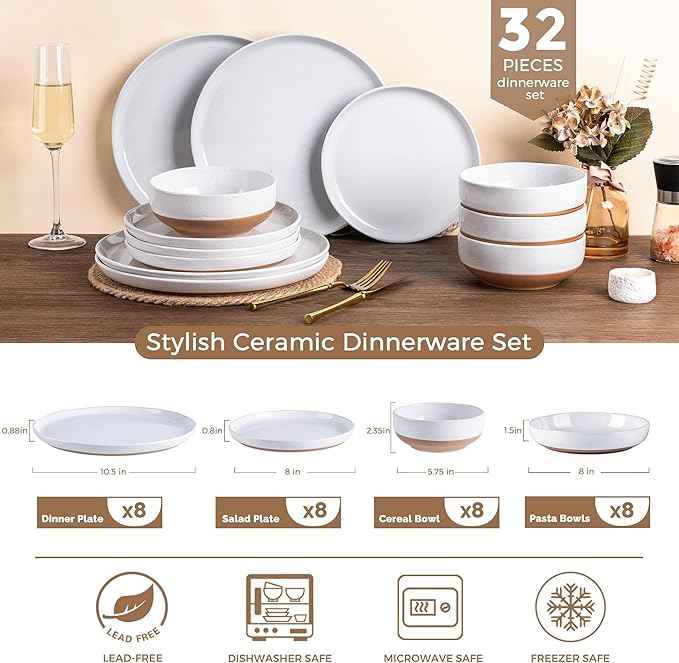 AmorArc Ceramic Dinnerware Sets with Pasta Bowls for 8, Handpainted Plates and Bowls Set with Rustic Terracotta Underside, Scratch Resistant Dishes Set, Dishwasher & Microwave Safe, 32 Pcs